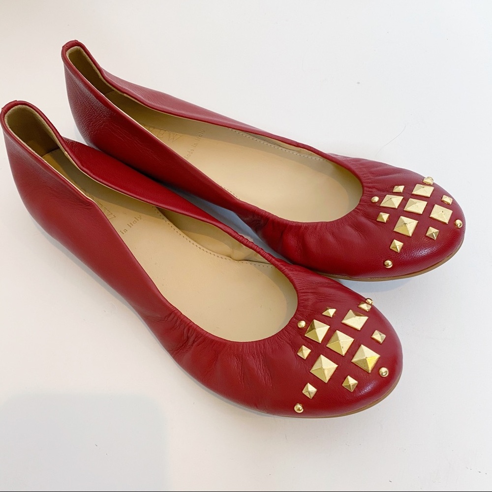 J. Crew Red Leather Cece Pyramid Studded Flats